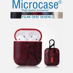 Microcase Airpods Kulaklık ve Şarj Ünitesi için Yılan Derisi Desenli Kılıf - Kırmızı