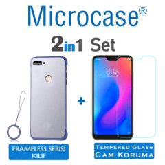 Microcase Xiaomi Mi 8 Lite Frameless Serisi Sert Rubber Kılıf - Mavi + Tempered Glass Cam Koruma