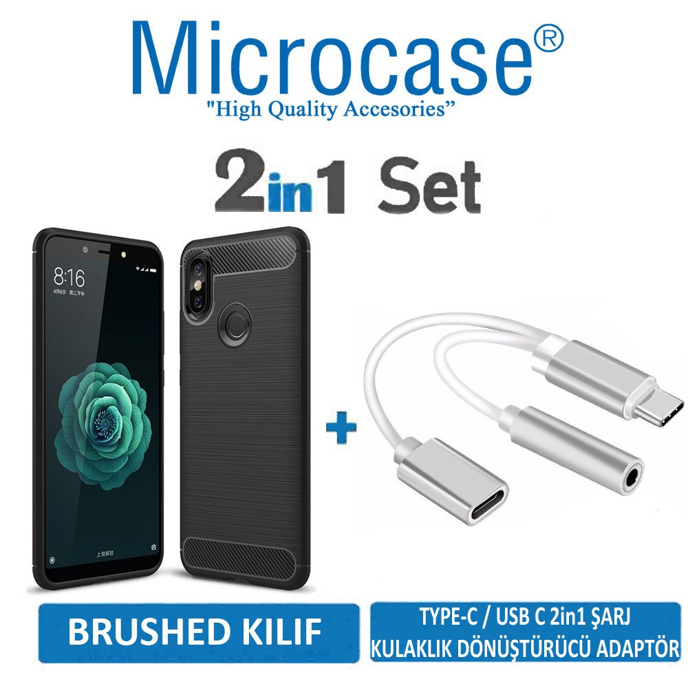 Mi A2 - Mi 6X Brushed Silikon Kılıf + Şarj ve Kulaklık Adaptörü