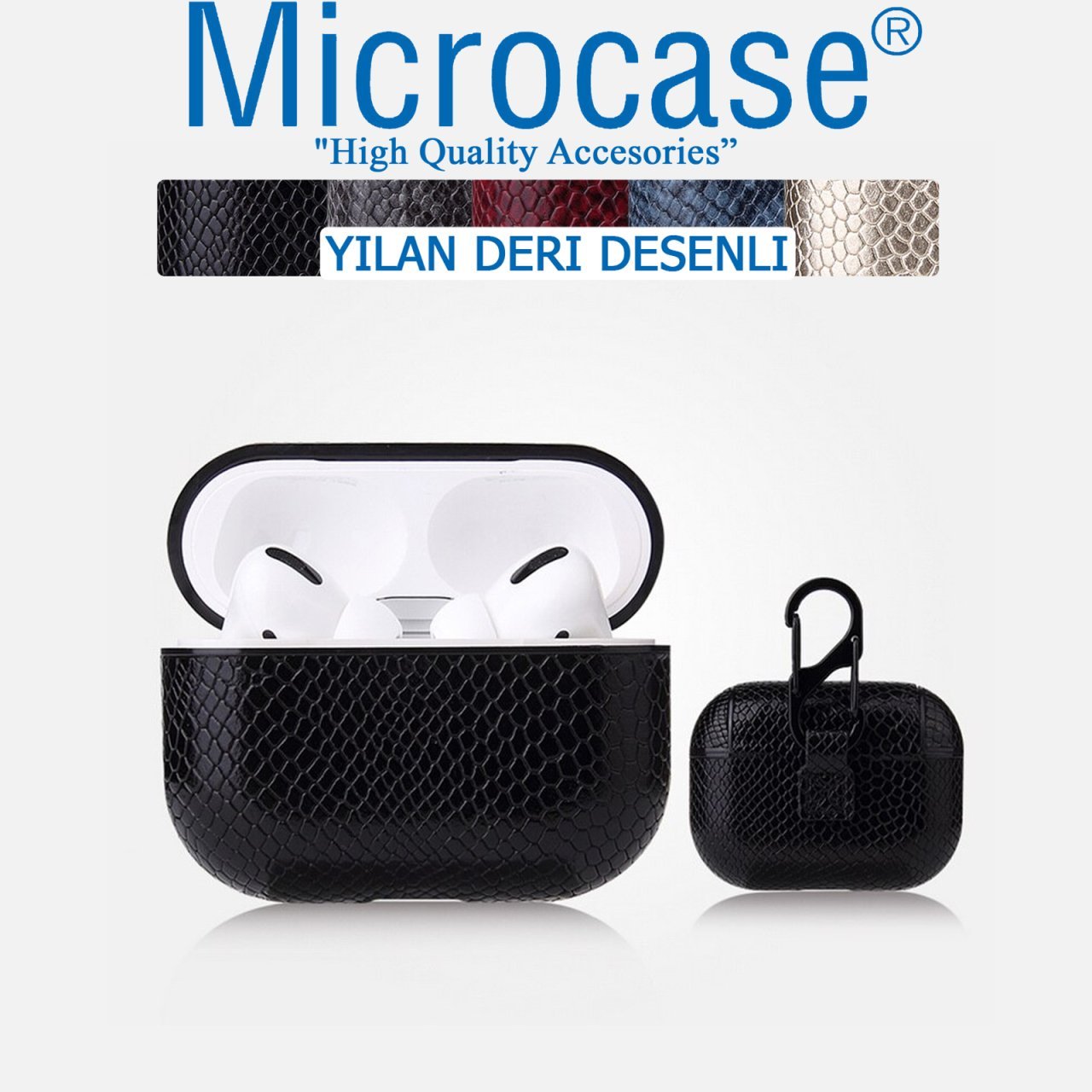 Microcase Airpods Pro Kulaklık ve Şarj Ünitesi için Yılan Derisi Desenli Kılıf - Siyah