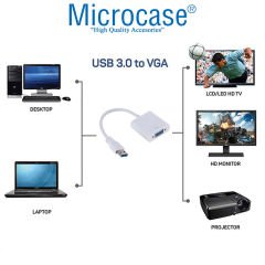 Microcase USB 3.0 To VGA Adaptör - 20 cm Beyaz (USB 3.0 ve USB 2.0 Destekler) - AL2619