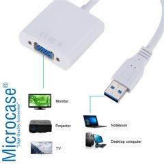 Microcase USB 3.0 To VGA Adaptör - 20 cm Beyaz (USB 3.0 ve USB 2.0 Destekler) - AL2619