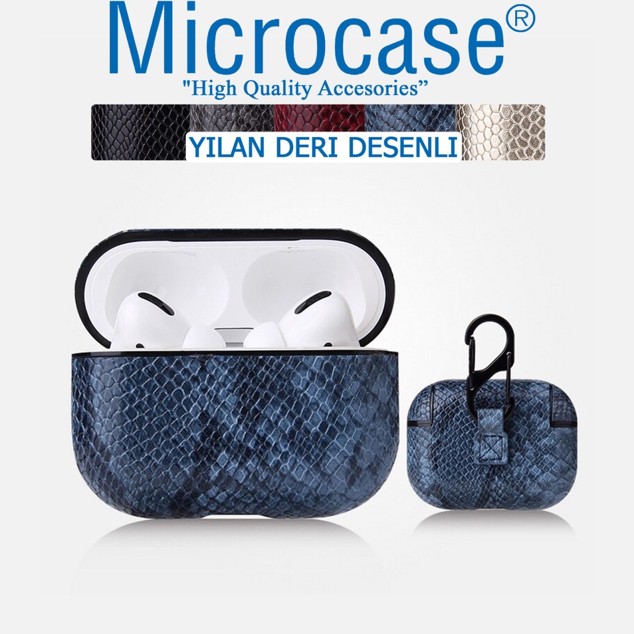 Microcase Airpods Pro Kulaklık ve Şarj Ünitesi için Yılan Derisi Desenli Kılıf - Mavi