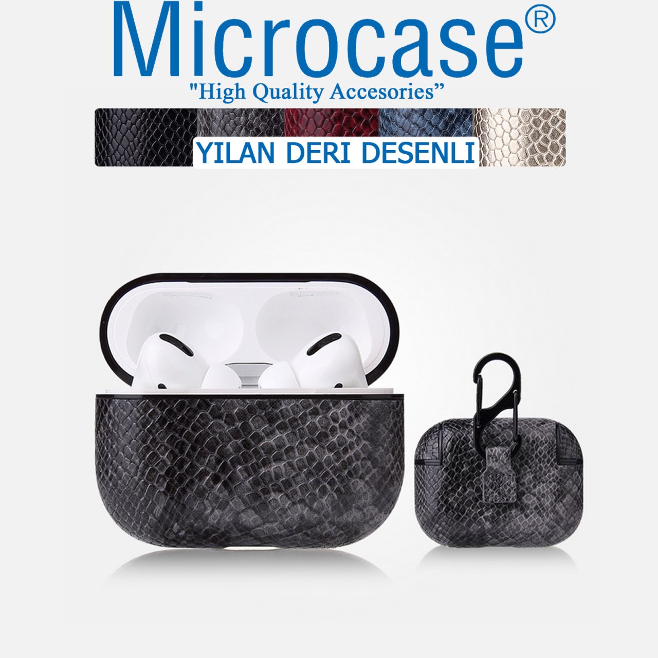 Microcase Airpods Pro Kulaklık ve Şarj Ünitesi için Yılan Derisi Desenli Kılıf - Gri