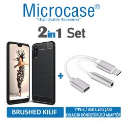 Huawei P20 Brushed Silikon Kılıf + Şarj ve Kulaklık Adaptörü