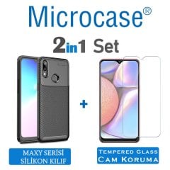 Microcase Samsung Galaxy A10s Maxy Serisi Carbon Fiber Silikon Kılıf - Siyah + Tempered Glass Cam Koruma