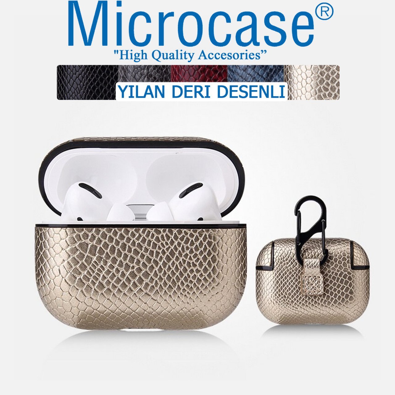 Microcase Airpods Pro Kulaklık ve Şarj Ünitesi için Yılan Derisi Desenli Kılıf - Gold