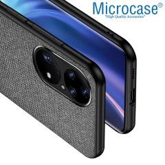 Microcase Huawei P50 Pro Fabrik Serisi Kumaş ve Deri Desen Kılıf - Gri