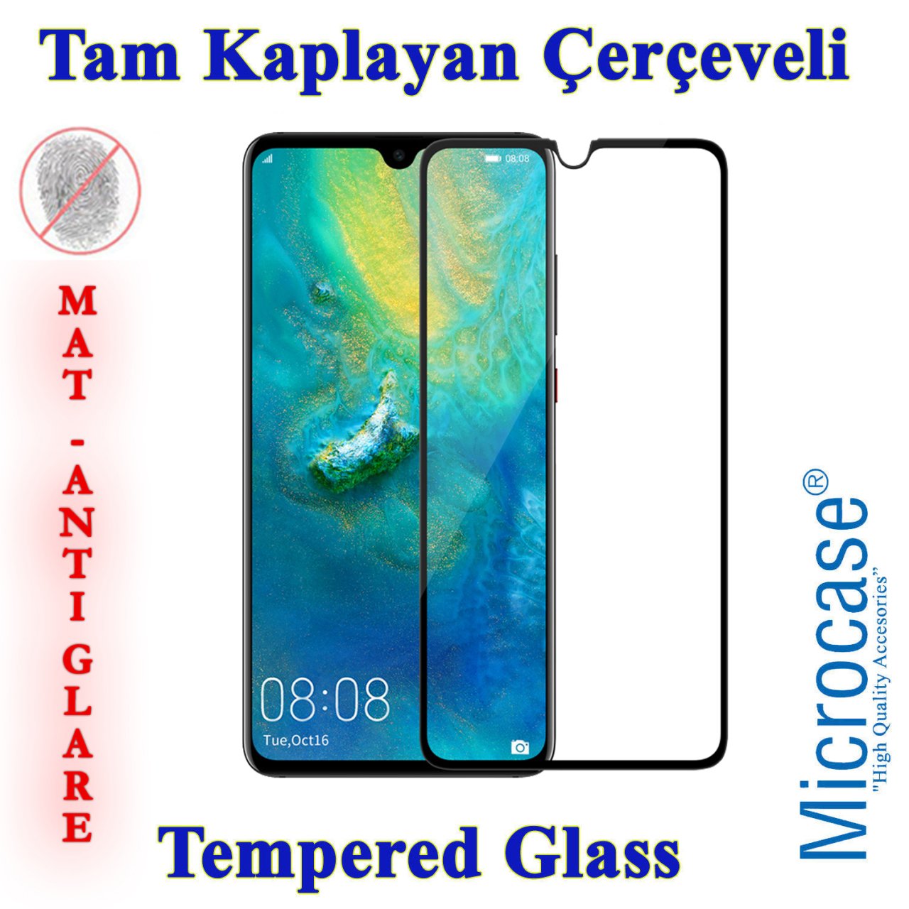 Microcase Huawei Mate 20 Tam Kaplayan Çerçeveli Tempered Ekran Koruyucu - MAT SİYAH