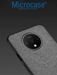 Microcase OnePlus 7T Fabrik Serisi Kumaş ve Deri Desen Kılıf - Gri + Tempered Glass Cam Koruma