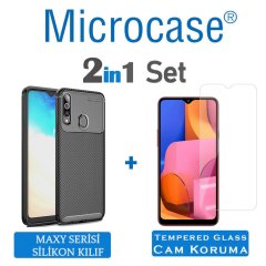 Microcase Samsung Galaxy A20s Maxy Serisi Carbon Fiber Silikon Kılıf - Siyah + Tempered Glass Cam Koruma
