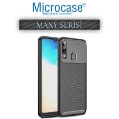 Microcase Samsung Galaxy A20s Maxy Serisi Carbon Fiber Silikon Kılıf - Siyah + Tempered Glass Cam Koruma