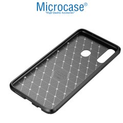 Microcase Samsung Galaxy A20s Maxy Serisi Carbon Fiber Silikon Kılıf - Siyah + Tempered Glass Cam Koruma