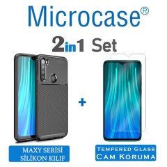 Microcase Xiaomi Redmi Note 8 Maxy Serisi Carbon Fiber Silikon Kılıf - Siyah + Tempered Glass Cam Koruma