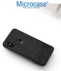 Microcase Xiaomi Mi Mix 2S Fabrik Serisi Kumaş ve Deri Desen Kılıf - Siyah + Tempered Glass Cam Koruma