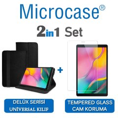 Microcase Samsung Galaxy Tab A 10.1 2019 T510 Delüx Serisi Universal Standlı Deri Kılıf - Siyah + Tempered Glass Cam Koruma