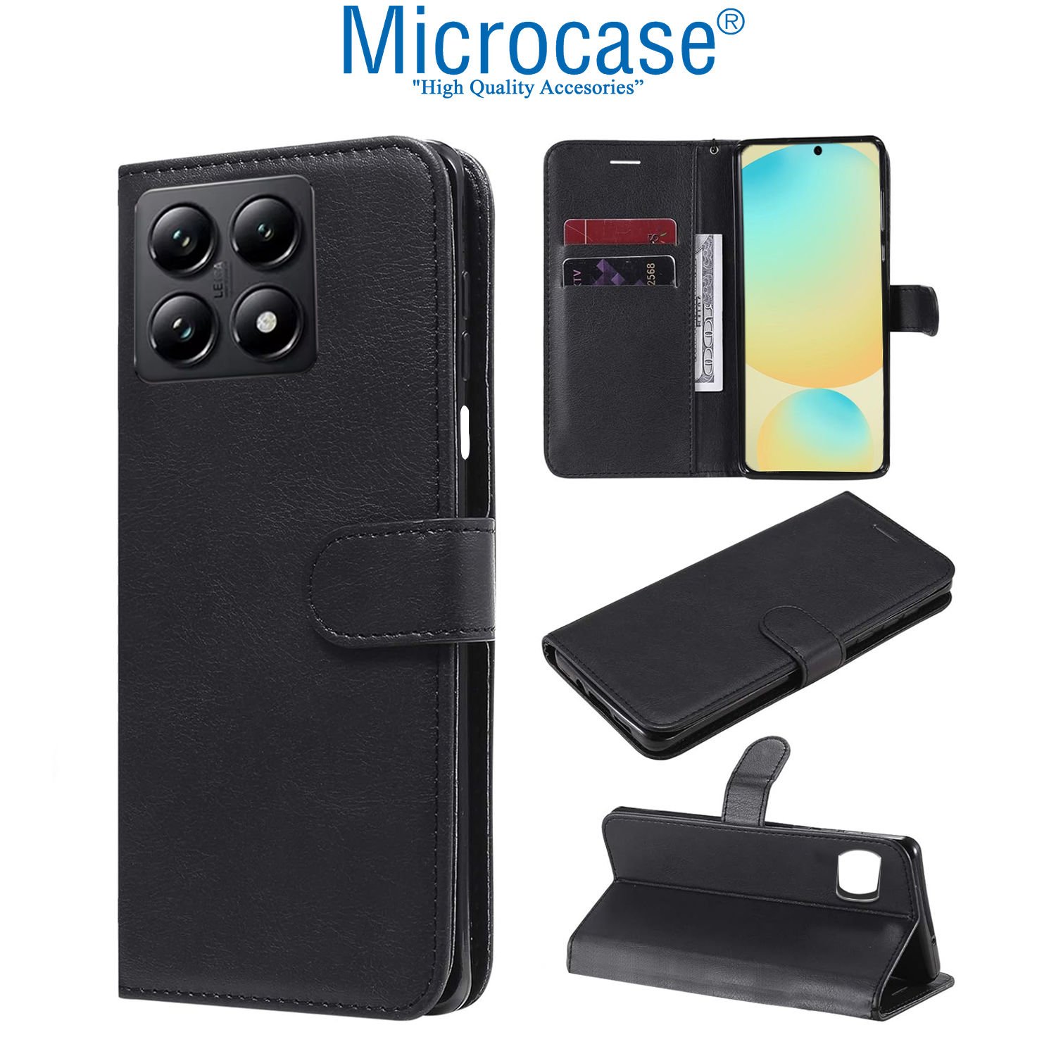 Microcase Xiaomi 14T Pro Darbeye Dayanıklı Cüzdanlı ve Standlı Kapaklı Deri Kılıf Siyah AL4232