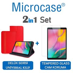 Microcase Samsung Galaxy Tab A 10.1 2019 T510 Delüx Serisi Universal Standlı Deri Kılıf - Kırmızı + Tempered Glass Cam Koruma