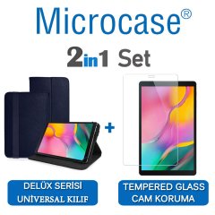 Microcase Samsung Galaxy Tab A 10.1 2019 T510 Delüx Serisi Universal Standlı Deri Kılıf - Lacivert + Tempered Glass Cam Koruma