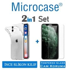 Microcase iPhone 11 Ultra İnce 0.2 mm Soft Silikon Kılıf - Şeffaf + Tempered Glass Cam Koruma