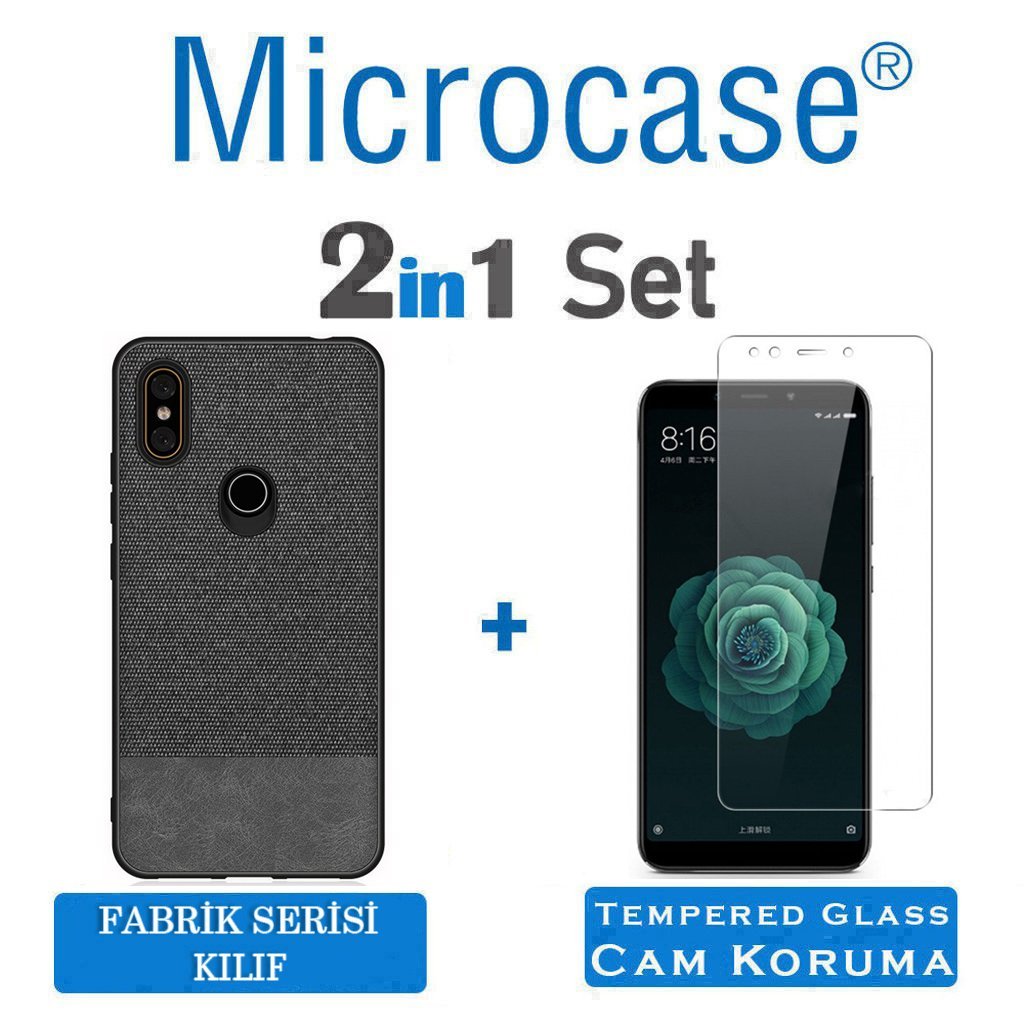 Microcase Xiaomi Mi A2 - Mi 6X Fabrik Serisi Kumaş ve Deri Desen Kılıf - Siyah + Tempered Glass Cam Koruma