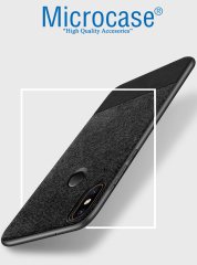 Microcase Xiaomi Mi A2 - Mi 6X Fabrik Serisi Kumaş ve Deri Desen Kılıf - Siyah + Tempered Glass Cam Koruma