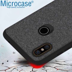 Microcase Xiaomi Mi A2 - Mi 6X Fabrik Serisi Kumaş ve Deri Desen Kılıf - Siyah + Tempered Glass Cam Koruma