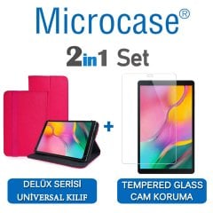 Microcase Samsung Galaxy Tab A 10.1 2019 T510 Delüx Serisi Universal Standlı Deri Kılıf - Pembe + Tempered Glass Cam Koruma