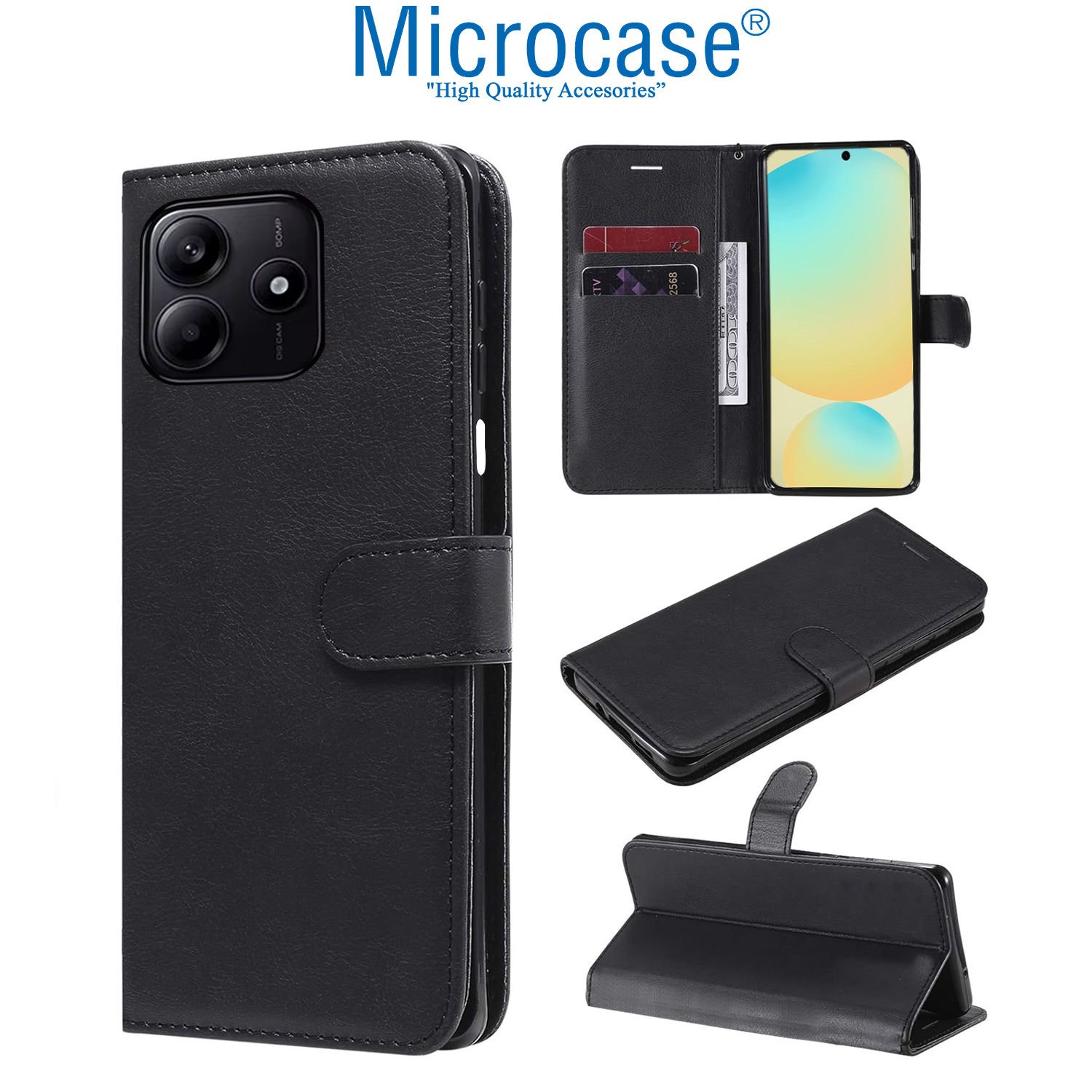 Microcase Xiaomi Redmi Note 14 5G Darbeye Dayanıklı Cüzdanlı ve Standlı Kapaklı Deri Kılıf Siyah AL4232