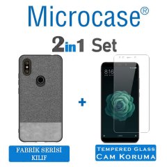 Microcase Xiaomi Mi A2 - Mi 6X Fabrik Serisi Kumaş ve Deri Desen Kılıf - Gri + Tempered Glass Cam Koruma