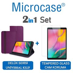 Microcase Samsung Galaxy Tab A 10.1 2019 T510 Delüx Serisi Universal Standlı Deri Kılıf - Mor + Tempered Glass Cam Koruma