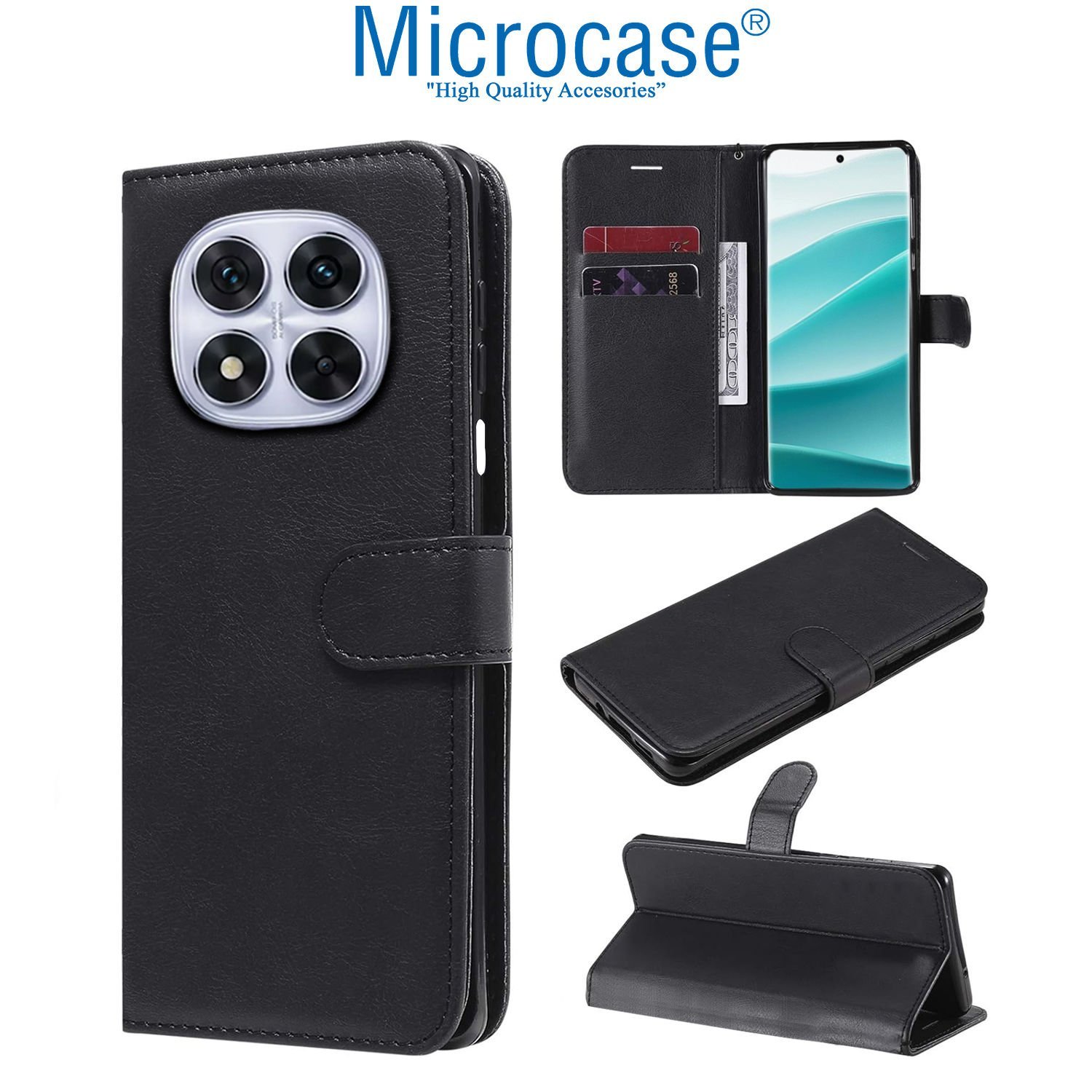 Microcase Xiaomi Redmi Note 14 Pro 5G Darbeye Dayanıklı Cüzdanlı ve Standlı Kapaklı Deri Kılıf Siyah AL4232