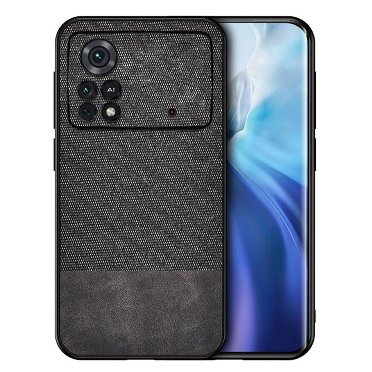Microcase Xiaomi Poco X4 Pro 5G Fabrik Kumaş ve Deri Desen Kılıf - Siyah