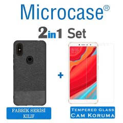 Microcase Xiaomi Redmi S2 Fabrik Serisi Kumaş ve Deri Desen Kılıf - Siyah + Tempered Glass Cam Koruma