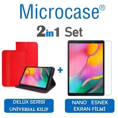 Microcase Samsung Galaxy Tab A 10.1 2019 T510 Delüx Serisi Universal Standlı Deri Kılıf - Kırmızı + Nano Esnek Ekran Koruma Filmi