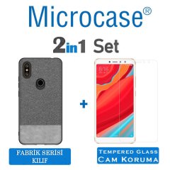 Microcase Xiaomi Redmi S2 Fabrik Serisi Kumaş ve Deri Desen Kılıf - Gri + Tempered Glass Cam Koruma