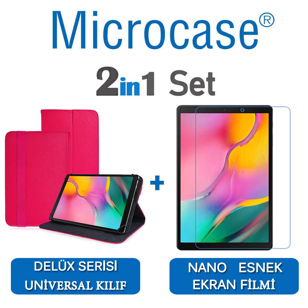 Microcase Samsung Galaxy Tab A 10.1 2019 T510 Delüx Serisi Universal Standlı Deri Kılıf - Pembe + Nano Esnek Ekran Koruma Filmi