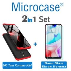 Microcase Xiaomi Redmi 8 Tam Koruma Kapak 360 Derece Kılıf + Nano Ekran Koruyucu - Siyah Kırmızı