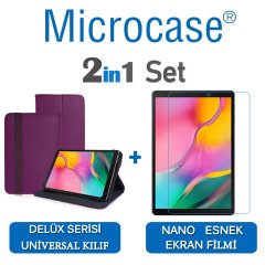 Microcase Samsung Galaxy Tab A 10.1 2019 T510 Delüx Serisi Universal Standlı Deri Kılıf - Mor + Nano Esnek Ekran Koruma Filmi