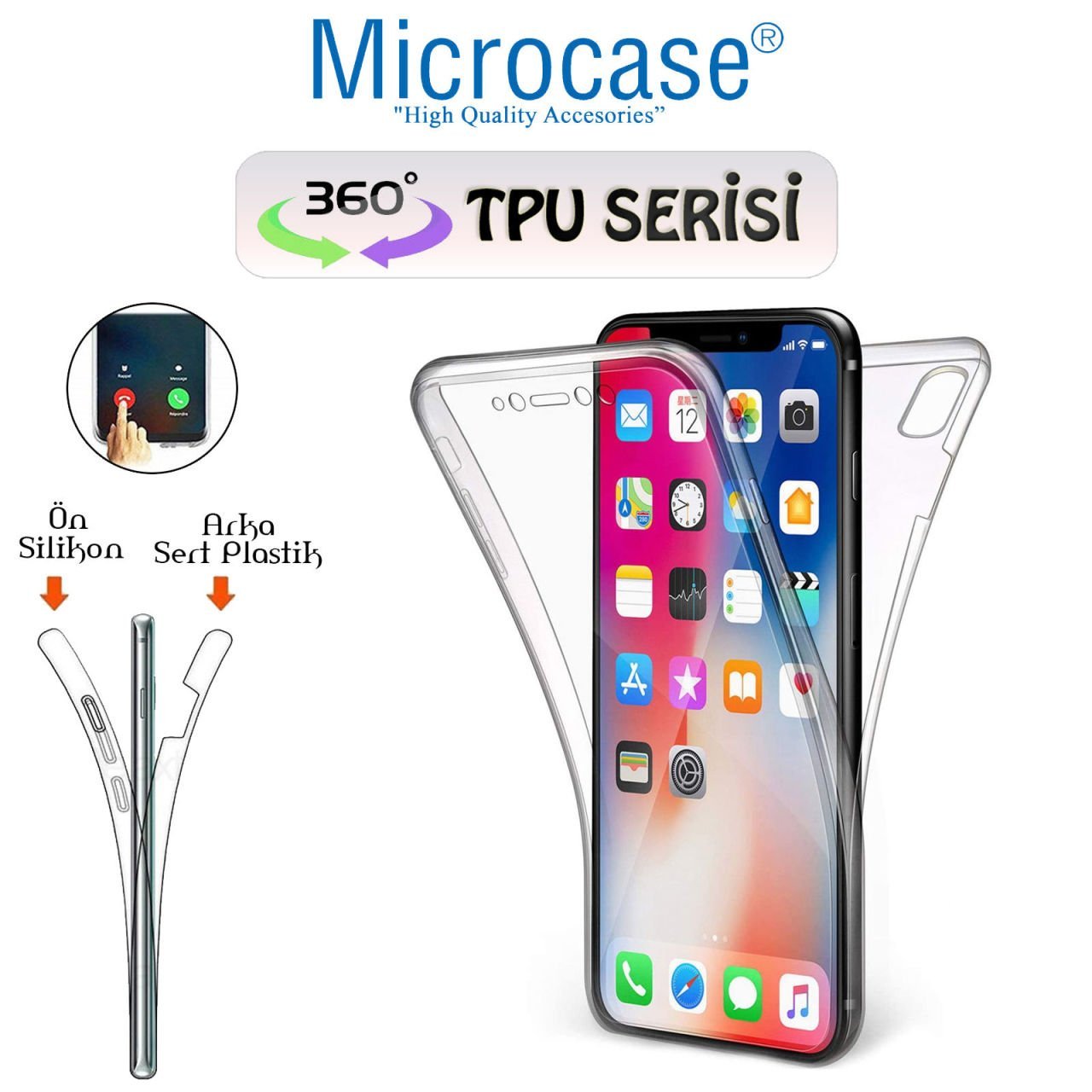 Microcase iPhone X 360 Tpu Serisi Ön Arka Full Cover Şeffaf Kılıf