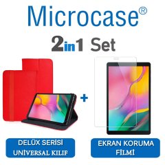 Microcase Samsung Galaxy Tab A 10.1 2019 T510 Delüx Serisi Universal Standlı Deri Kılıf - Kırmızı + Ekran Koruma Filmi