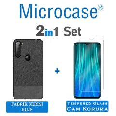 Microcase Xiaomi Redmi Note 8 Fabrik Serisi Kumaş ve Deri Desen Kılıf - Siyah + Tempered Glass Cam Koruma