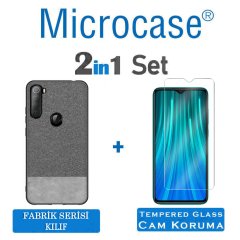 Microcase Xiaomi Redmi Note 8 Fabrik Serisi Kumaş ve Deri Desen Kılıf - Gri + Tempered Glass Cam Koruma