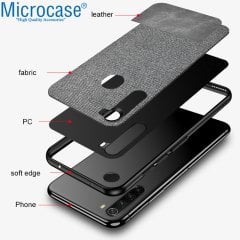 Microcase Xiaomi Redmi Note 8 Fabrik Serisi Kumaş ve Deri Desen Kılıf - Gri + Tempered Glass Cam Koruma