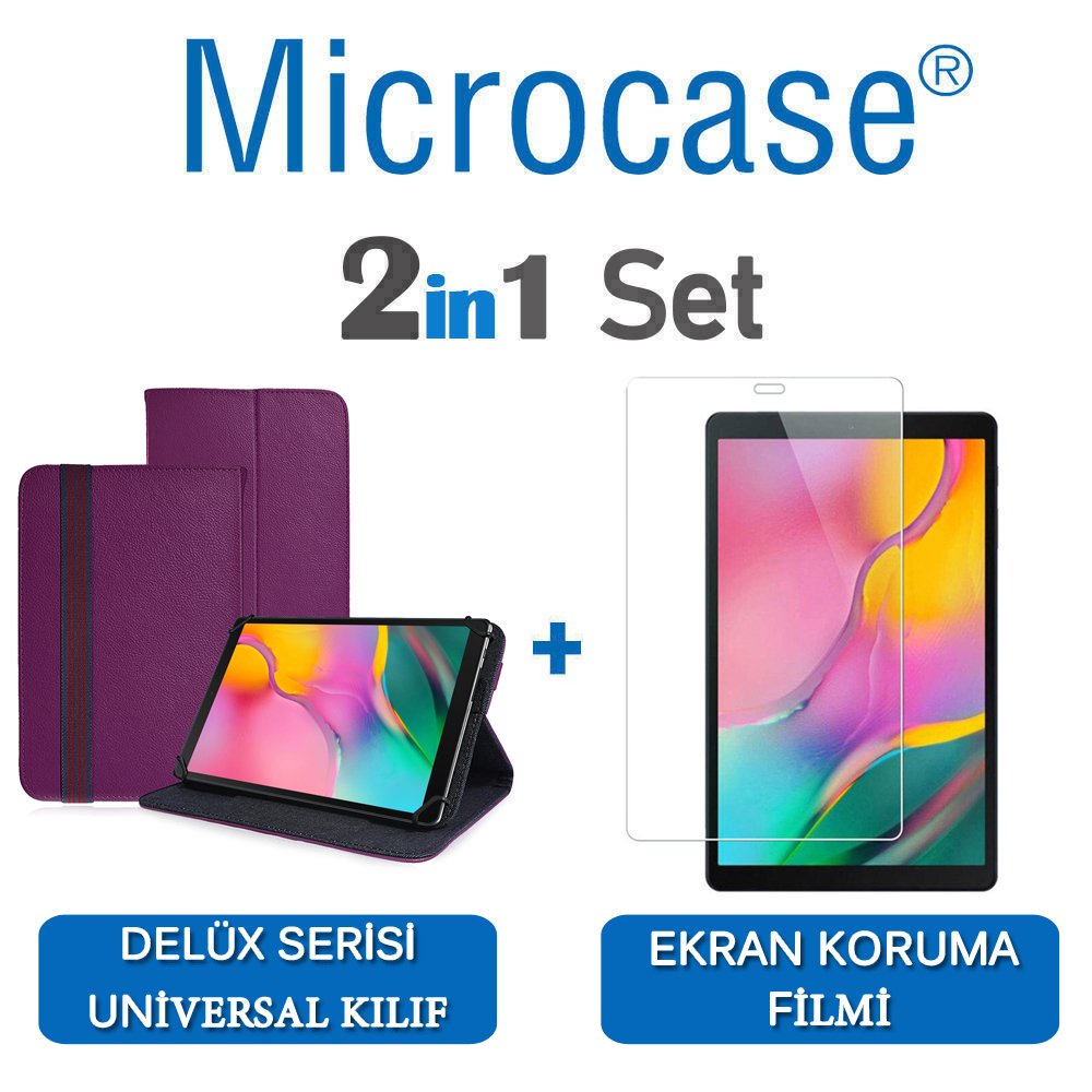 Microcase Samsung Galaxy Tab A 10.1 2019 T510 Delüx Serisi Universal Standlı Deri Kılıf - Mor + Ekran Koruma Filmi