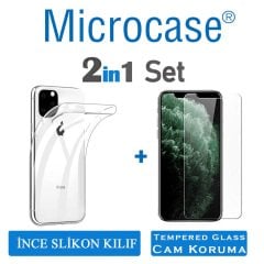 Microcase iPhone 11 Pro Ultra İnce 0.2 mm Soft Silikon Kılıf - Şeffaf + Tempered Glass Cam Koruma