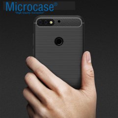 Huawei Honor 7C Brushed Carbon Fiber Silikon TPU Kılıf + Tempered