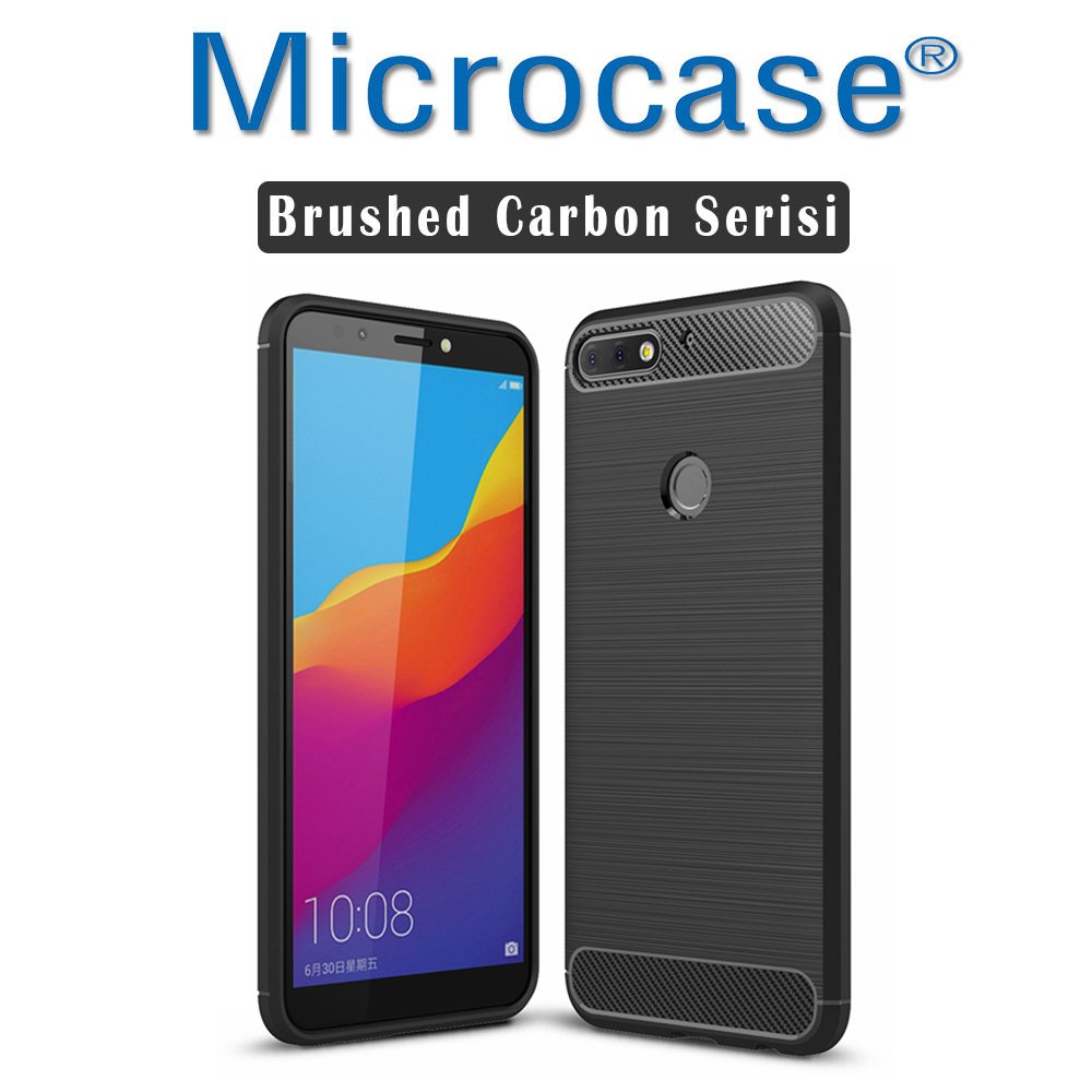 Huawei Honor 7C Brushed Carbon Fiber Silikon TPU Kılıf + Tempered