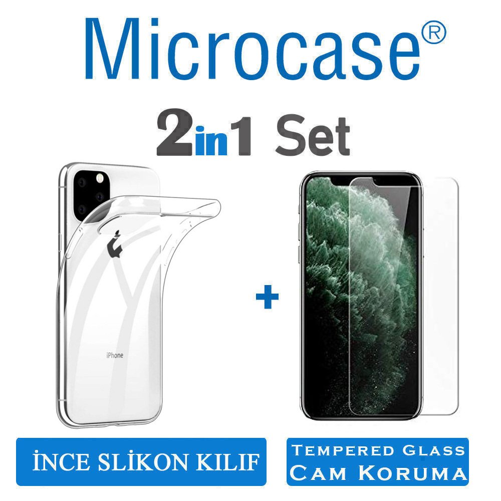 Microcase iPhone 11 Pro Max Ultra İnce 0.2 mm Soft Silikon Kılıf - Şeffaf + Tempered Glass Cam Koruma