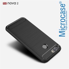Huawei Nova 2 Brushed Carbon Fiber Silikon TPU Kılıf+Tempered Cam
